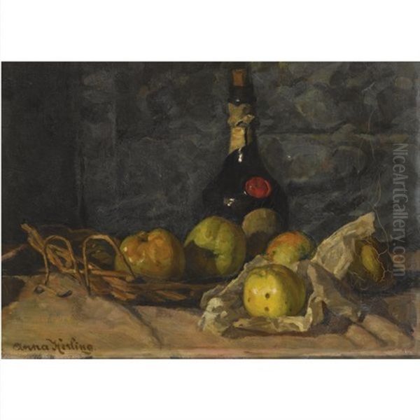 A Still Life With A Bottle And Fruit In A Basket Oil Painting by Anna E. Kerling