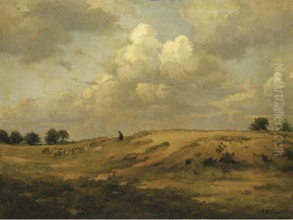 Onweerswolk, Blaricum: Leading The Flock Over The Heath Oil Painting by Johan Ernst Baumer