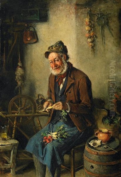 Die Vesperzeit. Alterer Mann In Der Kuche, Gemuse Schneidend Oil Painting by Hermann Kern