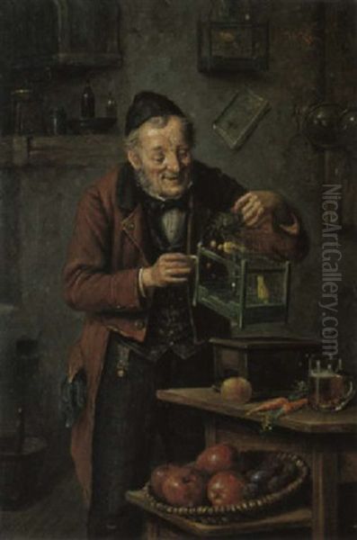 Beim Futtern Des Kanarienvogels Oil Painting by Hermann Kern
