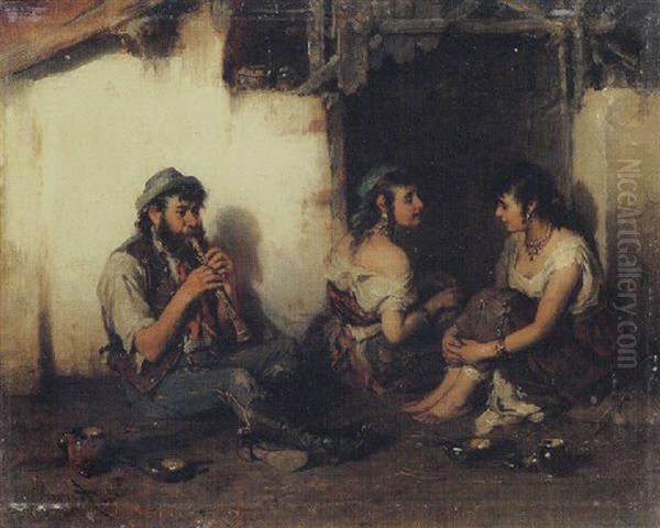 Zwei Bauernmadchen Und Ein Flotenspieler In Ungarischer Tracht Vor Dem Haus Oil Painting by Hermann Kern