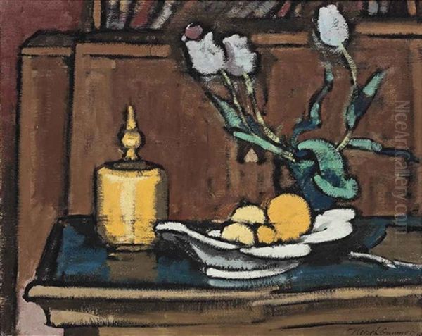 Stilleben Mit Fruchtschale Ii (stilleben Mit Fruchtschale Und Tulpen) Oil Painting by Anton Kerschbaumer