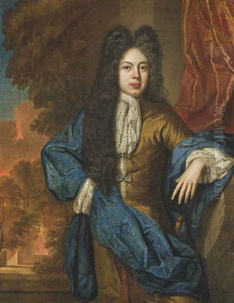 Portrait Of A Gentleman, Three-quarter-length, In A Yellow Jacket With A Blue Wrap And Lace Cravat, Standing Before A Red Curtain, A Landscape Beyond Oil Painting by John Kerseboom