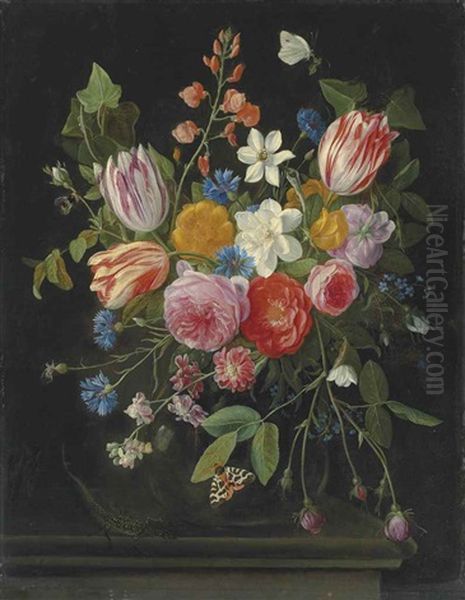 Tulips, Peonies, Chicory, Carnations, Cherry Blossom And Other Flowers In A Glass Vase, With Butterflies, A Bee And A Lizard On A Ledge Oil Painting by Jan van Kessel the Elder