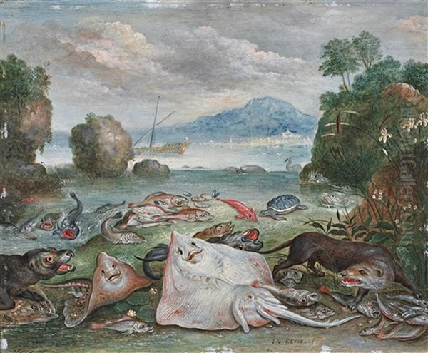 A Still Life Of Fish On A Beach Oil Painting by Jan van Kessel the Elder