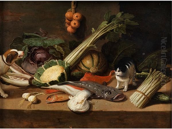 Kuchenstilleben Mit Hund Und Katze Oil Painting by Jan van Kessel the Elder