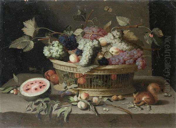 A Basket Of Grapes, Plums And Peaches, With A Melon And A Squirrel Eating Nuts On A Stone Ledge (+ A Wan-li Kraak Bowl Filled With Tulips, Roses, Narcissi And Other Flowers, With A Parrot On A Stone Ledge; Pair) Oil Painting by Jan van Kessel the Elder