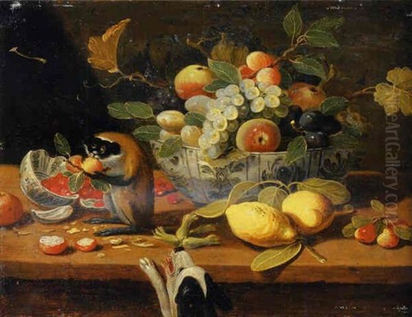 Grapes, Plums And Other Fruit In A Bowl, Lemons And Other Fruit On A Ledge With A Monkey, A Dog Below Oil Painting by Jan van Kessel the Elder