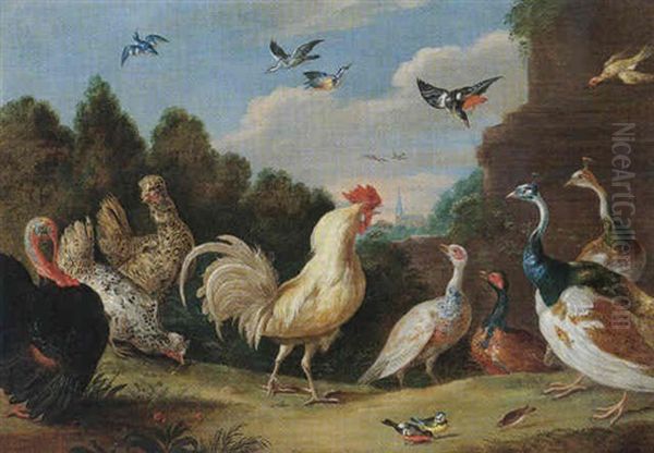 A Turkey, A Cockerel, Hens, A Peacock And Other Birds, In A Landscape Oil Painting by Jan van Kessel the Elder