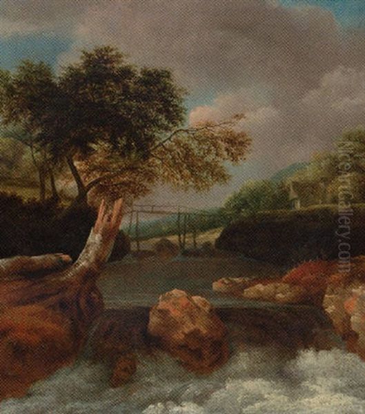 A Waterfall In A Wooded Landscape, A Bridge Beyond Oil Painting by Jan van Kessel the Elder