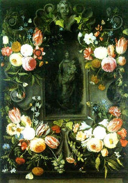 Swags Of Tulips, Roses And Other Flowers Decorating A Stone Cartouche With A Relief Of The Virgin And Child Oil Painting by Jan van Kessel the Elder