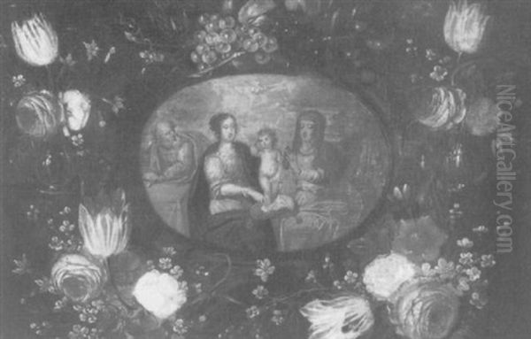 The Holy Family With Saint Anne In A Cartouche With Swags Of Fruit And Flowers Oil Painting by Jan van Kessel the Elder