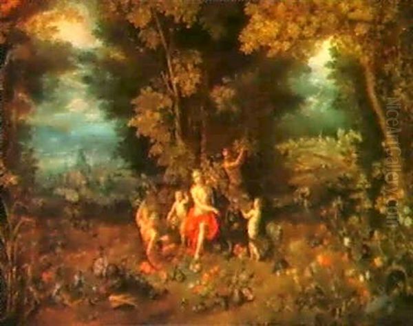 Waldlandschaft Mit Pomona, Einem Satyr Und Putten,im Vordergrund Feldfruchte Und Blumen... Oil Painting by Jan van Kessel the Elder