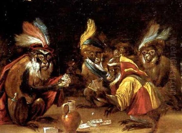 Kortspelande Markattor Oil Painting by Jan van Kessel the Elder