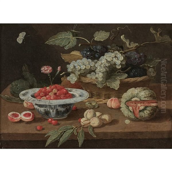 Nature Morte Aux Raisins, Fraises, Melon, Artichauts Sur Un Entablement Oil Painting by Jan van, the Younger Kessel