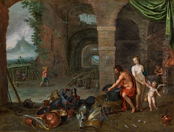 Allegory Of Fire (venus And Cupid In The Forge Of Vulcan) Oil Painting by Jan van, the Younger Kessel