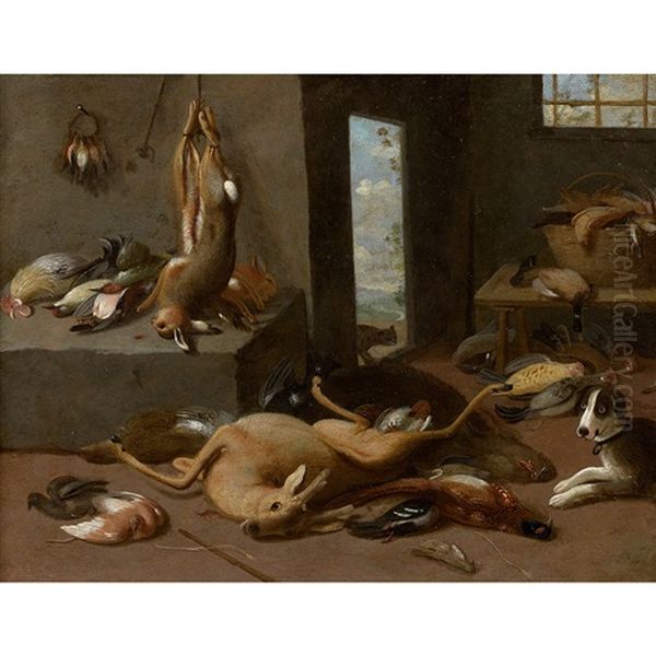 Trophee De Chasse Au Chien Dans Un Garde-manger Oil Painting by Jan van, the Younger Kessel