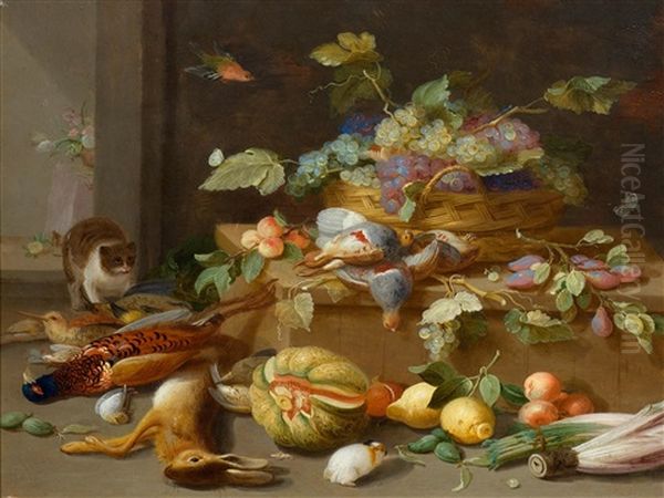 Still Life Of Fruits With Cat And Wild Animals Oil Painting by Jan van, the Younger Kessel
