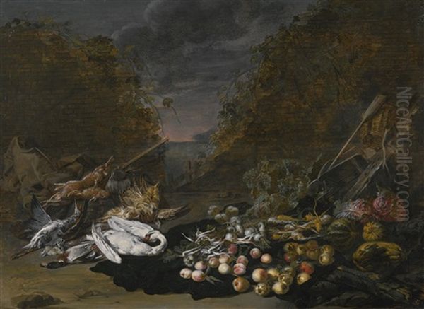 A Still Life Of A Swan And Other Birds, With Rabbits, Fruit And Vegetables And A Landscape Beyond Oil Painting by Jan van, the Younger Kessel