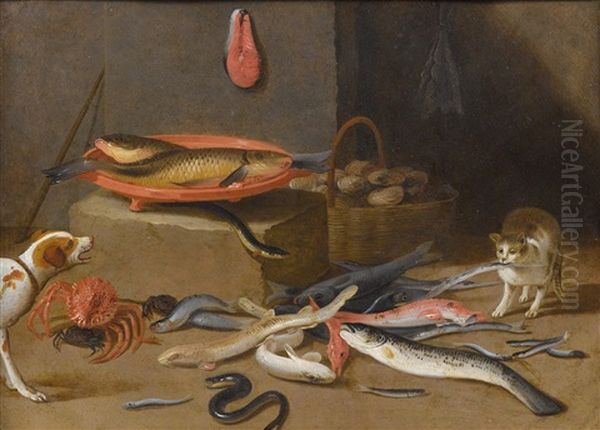 Still Life Of Eels, Sea Shells, Cat And Dog; And Still Life With A Hare, Pheasant And Duck Oil Painting by Jan van, the Younger Kessel