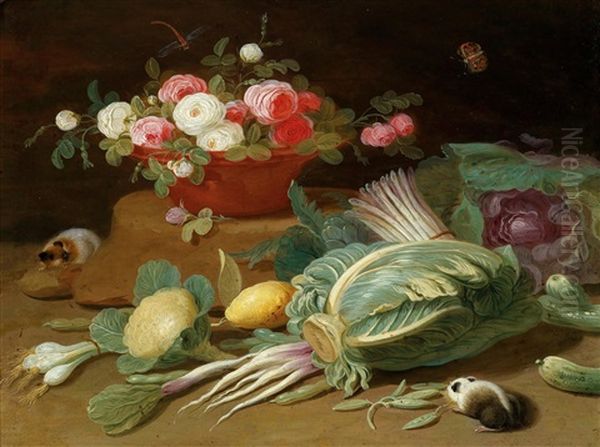 Stilleben Mit Meerkatze; Stilleben Mit Meerschweinchen (pair) Oil Painting by Jan van, the Younger Kessel