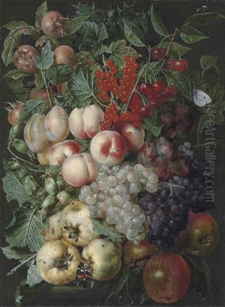 Grapes, Peaches, Hazelnuts, Quinces, Redcurrants And Other Fruit, With A Brimstone Butterfly, A Bumblebee And Other Insects On A Stone Capital Oil Painting by Jan van, the Younger Kessel