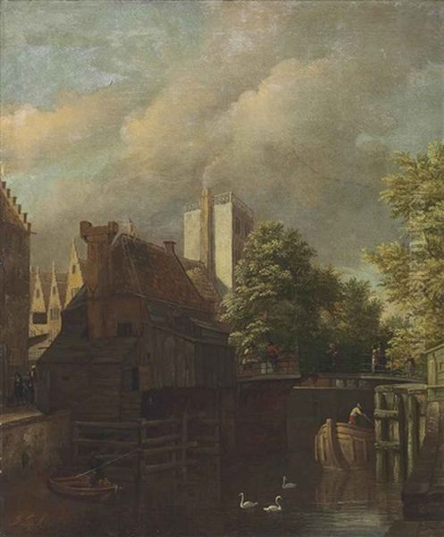 An Amsterdam Canal Scene Oil Painting by Jan van, the Younger Kessel