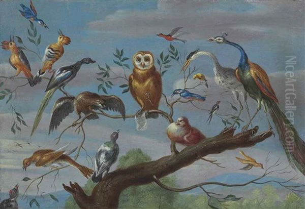 A Concert Of Birds: An Owl, Pigeon, Canary, Peacock And Other Birds On A Tree Branch Oil Painting by Jan van, the Younger Kessel