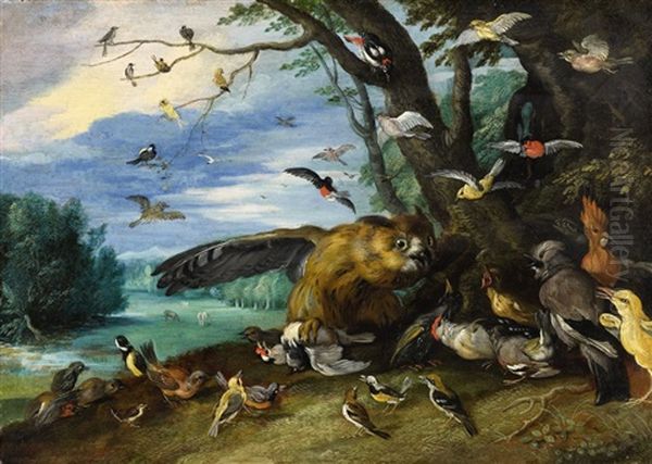 Birds Fighting Oil Painting by Jan van, the Younger Kessel