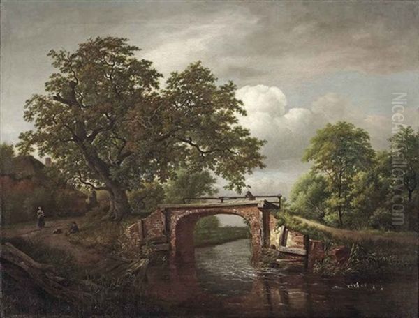 A Wooded River Landscape With A Traveller Crossing A Stone Bridge Near An Oak Tree And A Farm House Oil Painting by Jan van, the Younger Kessel