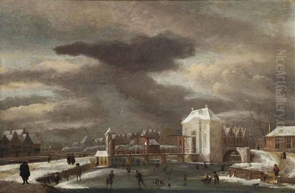 A Winter Landscape With A View Of The Heiligewegpoort, Amsterdam, With Figures Skating On The Singel Oil Painting by Jan van, the Younger Kessel