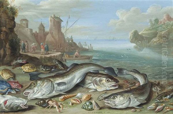 A Harbour Scene, With Fish, Crustaceans, Shells, Otters, Tortoises And Turtles On A Beach, Fishermen Beyond Oil Painting by Jan van, the Younger Kessel