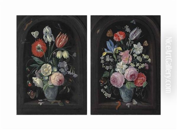 Roses, Morning-glories, A Carnation, An Iris And Other Flowers In A...; Roses, An Iris, A Carnation, A Tulip And Other Flowers In A... (pair) Oil Painting by Jan van, the Younger Kessel