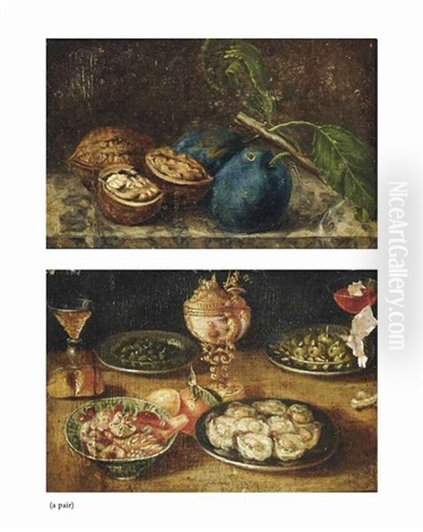Oysters On A Charger, Figs And Other Fruit In A Porcelain Dish, A Nautilus Cup, A Facon De Venise Glass... Plums And Walnuts On A Marble Ledge (2 Works) Oil Painting by Jan van, the Younger Kessel