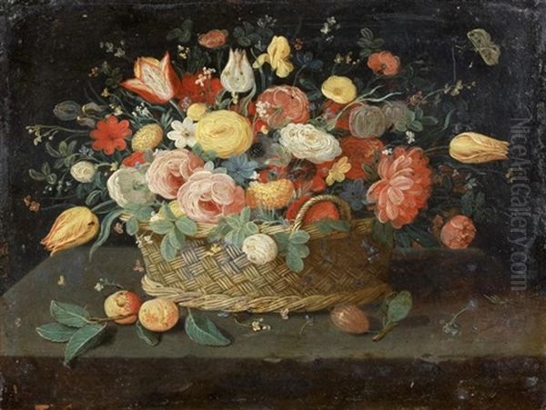 Bouquet De Fleurs Dans Un Panier Pose Oil Painting by Jan van, the Younger Kessel