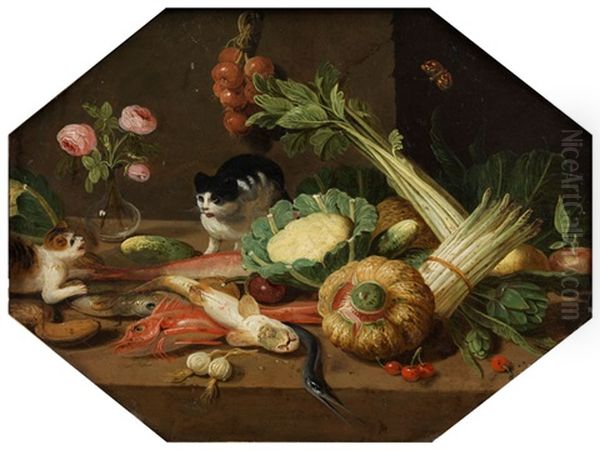 Kuchenstilleben Mit Tischen Und Zwei Katzen Oil Painting by Jan van, the Younger Kessel