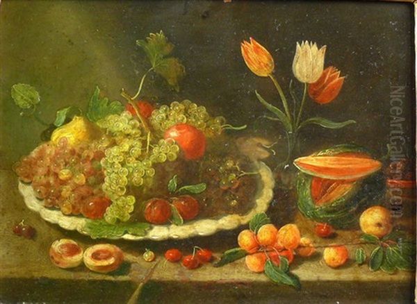 Fruchtstillleben Mit Trauben, Pfirsichen, Melone Und Tulpen Oil Painting by Jan van, the Younger Kessel