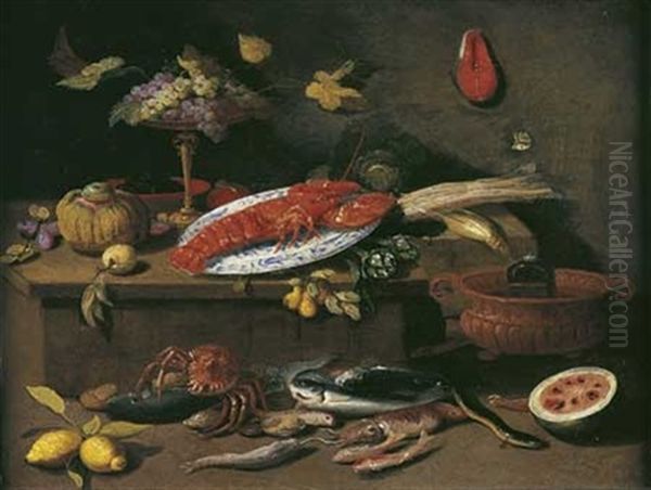 Nature Morte Aux Plat De Homard, Coupe De Raisins Et Poissons Oil Painting by Jan van, the Younger Kessel