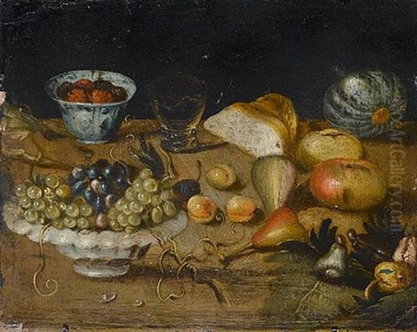 A Bowl Of Grapes With Peaches, Apples, Pears, Bread, Aroemer, And Awanli-kraakbowl With Strawberries On A Ledge Oil Painting by Jan van, the Younger Kessel
