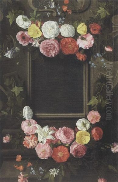 Guirlande De Fleurs Decorant Un Cartouche Sculpte Oil Painting by Jan van, the Younger Kessel