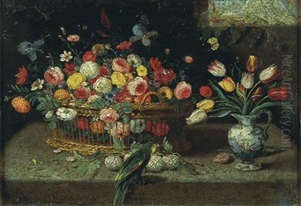 Nature Morte Aux Panier, Vase De Fleurs Et Perroquet Sur Un Entablement Oil Painting by Jan van, the Younger Kessel