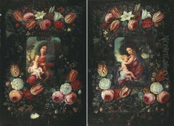 La Vierge A L'enfant Dans Une Guirlande De Fleurs (+ La Vierge A L'enfant Avec Le Petit Saint Jean-baptiste Dans Une Guirlande De Fleurs; Pair) Oil Painting by Jan van, the Younger Kessel