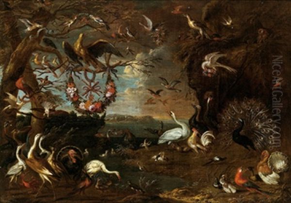 Eine Allegorie Des Malteserordens Mit Einem Adler, Reihern, Truthahnen, Einem Kakadu, Einem Loffelreiher, Einem Eichelhaher, Fasanen Und Anderem Federvieh In Einer Landschaft Oil Painting by Jan van, the Younger Kessel