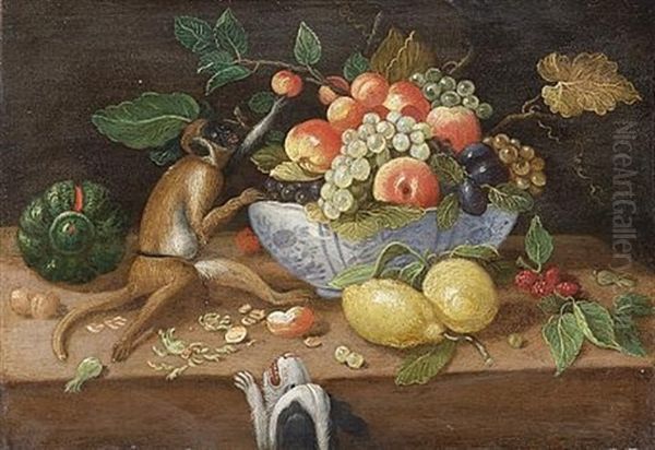 A Monkey Picking Fruit From A Wan-li Kraak Bowl Filled With Grapes, Peaches, Apricots, Two Lemons, A Melon And Nuts On A Table Top With A Dog Looking Up From Below Oil Painting by Jan van, the Younger Kessel