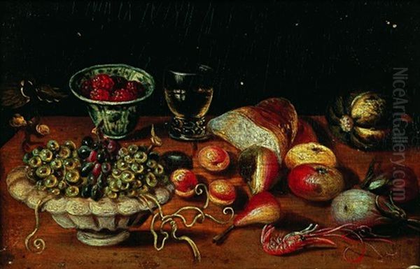 Nature Morte Aux Fruits, Crevette Et Verre De Vin Sur Un Entablement Oil Painting by Jan van, the Younger Kessel