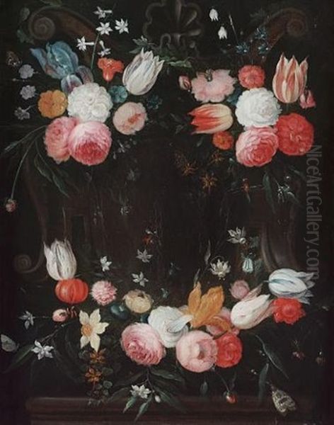 Tulips, Irises, Carnations, Roses And Other Flowers Arranged In Cartouches With Butterflies (+ Another Similar; Pair) Oil Painting by Jan van, the Younger Kessel
