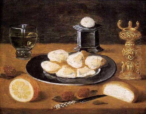 Nature Morte Aux Plat D'huitres, Verre De Vin Et Miche De Pain Sur Un Entablement Oil Painting by Jan van, the Younger Kessel
