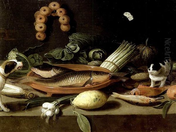 Chien, Chat, Poissons, Citron, Et Legumes Sur Une Tablette De Cuisine Oil Painting by Jan van, the Younger Kessel