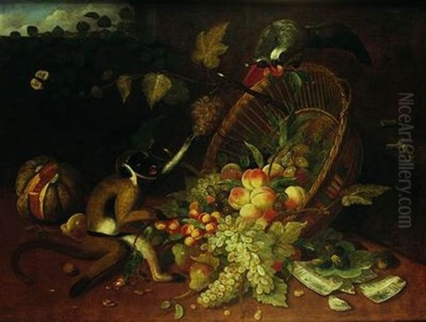 Singe Et Perroquet Bousculant Une Corbeille De Fruits Oil Painting by Jan van, the Younger Kessel