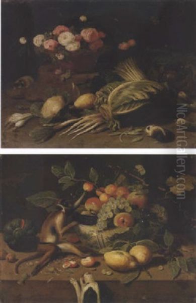 Two Guinea Pigs Amongst Cabbagges, Asparagus, A Lemon And Other Fruit And Vegetables Beside A Rock With A Dish Filled With Roses Oil Painting by Jan van, the Younger Kessel